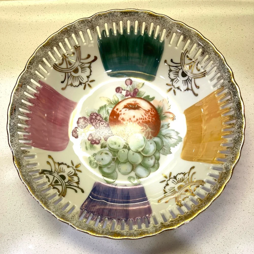 Hand-Painted Fruit Bowl Reticulated Pierced Rim Lusterware Made in Japan Vintage